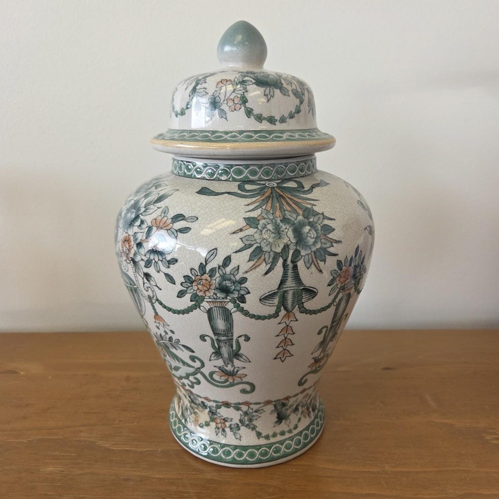 VINTAGE LARGE GINGER/SPICE JAR VASE URN WITH LID FLORAL CRACKLE DESIGN 12" TALL